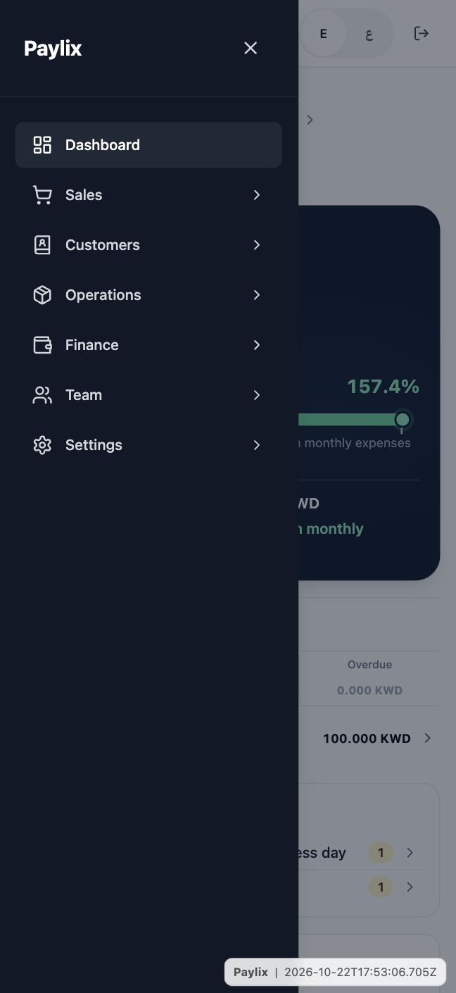 Paylix mobile interface in English with its navigation menu