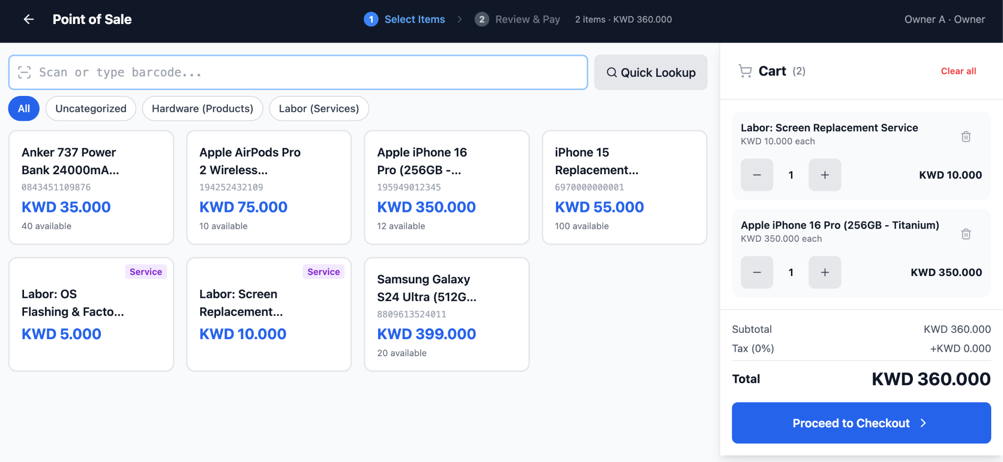 Real Paylix POS in English, showing products and cart